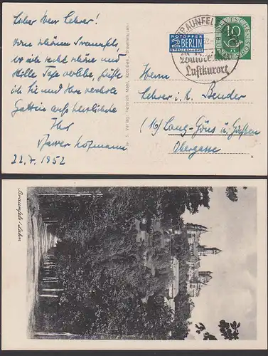 Braunfels Lahn SoSt. Waldreicher Luftkurort 1952, 10 Pf Posthorn mit NO-Mke Ak Burg