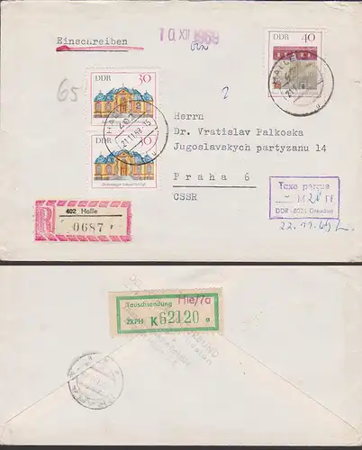 Halle A-R-Brief nach Praha mit Taxe percue 1969, 30 Pf (2) Dornburger Rokokoschloss mit "Tauschsendung-Marke" grün