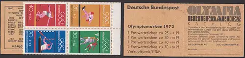 Olympische Spiele München 1972 BRD Markenheftchen MH 17 postfrisch mit Ziffern und Heuss, saubere Erhaltung