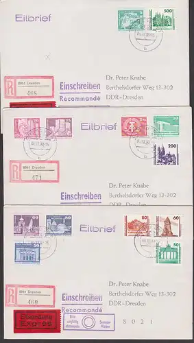 Währunsunion 5 Eil-RBf-Briefe mit MiF alte und neue Währung, dabei Einlieferunsschein Dresden 4.7.90