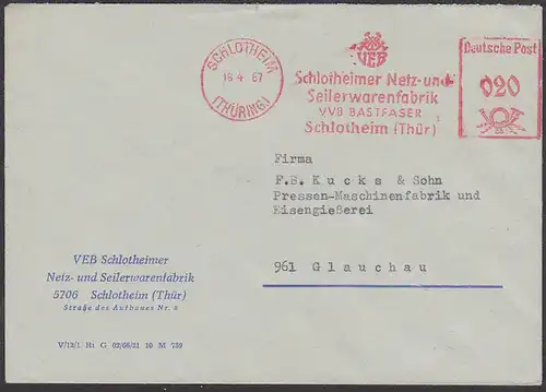Schlotheinm Thüringen AFS 18.4.67 Netz- und Seilerwarenfabrik VVB Bastfaser, Fernbrief