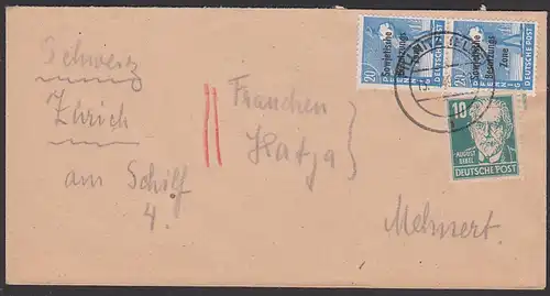 Pillnitz (Elbe) Sachsen, Auslandsbrief nach Zürich Schweiz SBZ -Aufdruck 20 Pf (2) und 10 Pf August Bebel,