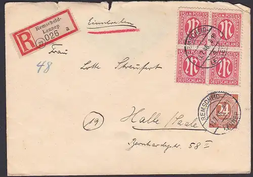 Remscheid-Lennep, AMP R-Brief vom 11.7.46 15 Pf(4) in MiF mit Ziffern, portogenau