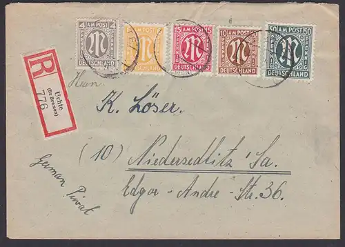 BiZ, Uchte Bz. Bremen AMP 50 Pf  Mi. 32ua. vom 8.4.46 R-Brief mit 5 verschiedenen Wertstufen