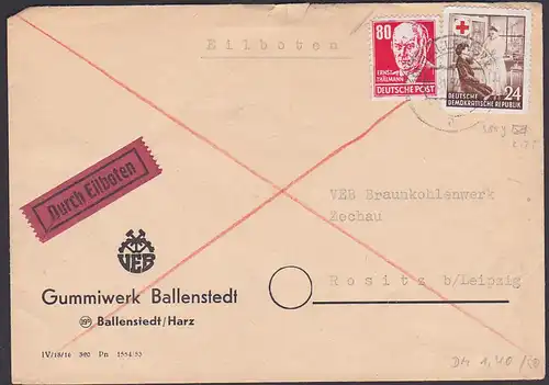 Ernst Thälmann 80 Pf rot, DDR 340 auf Doppel-R-Bf mit Rotes Kreuz Eilboten-Firmenbrief aus Ballenstedt, Eckzahn lo.