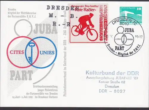 Messanger-Bay-Institut -Rote Radler- JUBA PART Cites Unis Dresden Sonderbeförderung Vignette 1989 bike DDR GA-privat