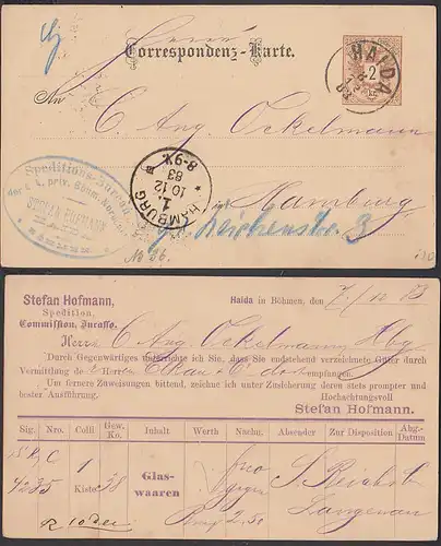 Haida Novy Bor 2 Kr. Ganzsache 1883 mit rs. Eindruck Stefan Hofmann Nordböhmen Spedition Glaswaren, nach Hamburg