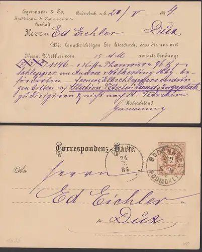 Bodenbach Podmokly Decin Tetschen 2 Kr. Ganzsache 1884 mit rs. privatem Eindruck Egermann Spedition, nach Dux