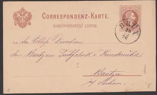Brüx Most 2 Kreuzer Ganzsache nach Bautzen Sachsen, 1876