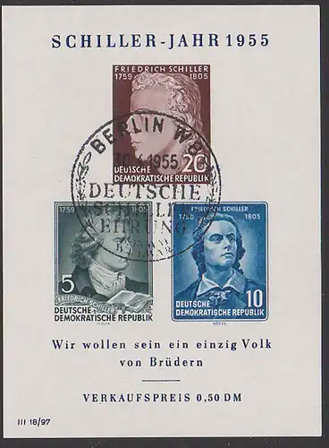 Germany East, Friedrich Schiller Jahr 1955 Block 12 Sonderstempel Berlin