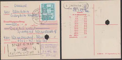 Ilmhain Poststellenst. (1) Karl-Marx-Stadt, auf Einzahlungsauftrag an Sparkasse Kleinolbersdorf, 25 Pf Alexanderplatz