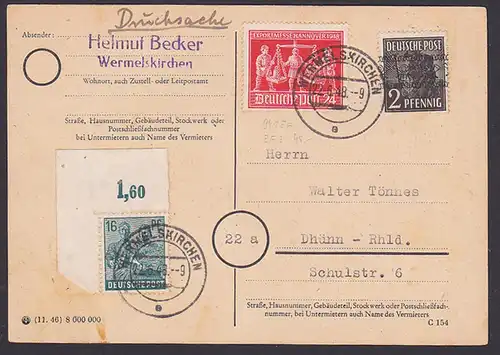 Wermelskirchen 10fach-Franaktur 22.6.48 Drucksache in MiF EA und Bandaufdruck 941 ZF, portogenau