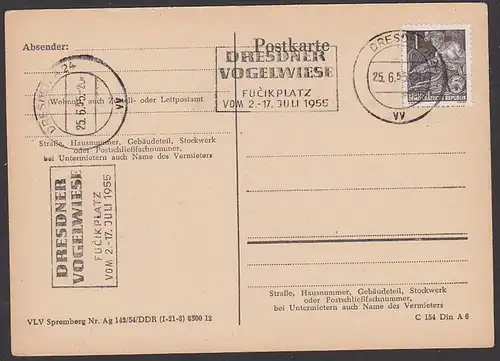 Germany Dresden MWSt. "Dresdner Vogelwiese Fucikplatz 1955" mit 1 Pf Bergmann Kumpel