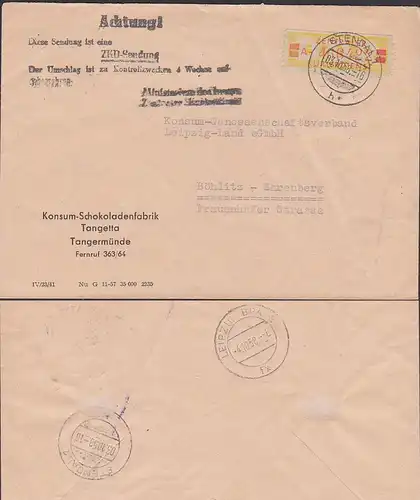 Stendal ZKD B19IA Stempel "Achtung! Diese Sendung ist ..MdI.", Konsum-Schokoladenfabrik Tangetta Tangermünde