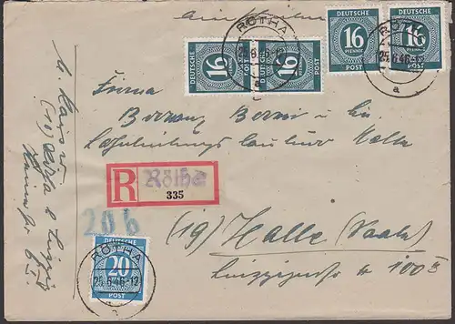 Rötha R-Brief 1946 Ziffernmarken, portogenau mit Aushilfs-R-Zettel blanko