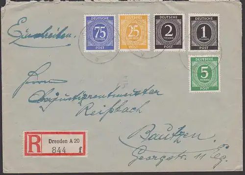 Dresden A20 R-Brief 1946 MiF 5 verschiedene Ziffernmarken, portogenau 1,08 für Doppelbrief
