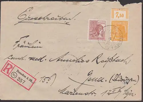 Dresden R-Brief mit Arbeiterausgabe aus Dresden  nach Jena