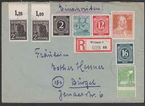 Weimar R-Brief , dabei Ober-Randstücke nach Bürgel, MiF EA I und II, Heinrich v. Stephan