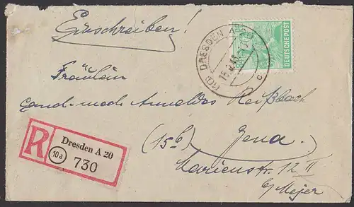 Dresden A20  R-Brief portogenau mit  84 Pf  der Einheitsausgabe II nach Jena