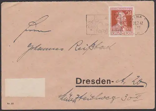 Heinrich von Stephan portogenau Brief mit MWSt. "Achtet auf den Kartoffelkäfer" JENA SBZ