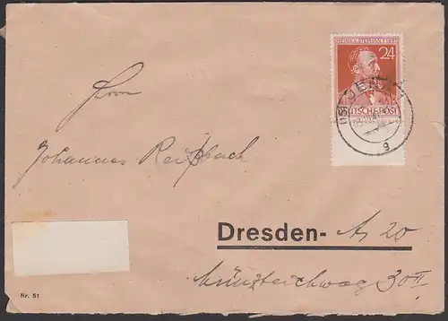 Heinrich von Stephan 24Pf Fern-Brief mit Unterrand aus Jena, UPU Postvereinsgründer
