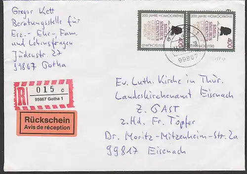 Samuel Hahnemann Homöopathe BRD 400(2) Pf R-Brief Rückschein Mi. 1880 seltene MeF Bedarfsverwendung