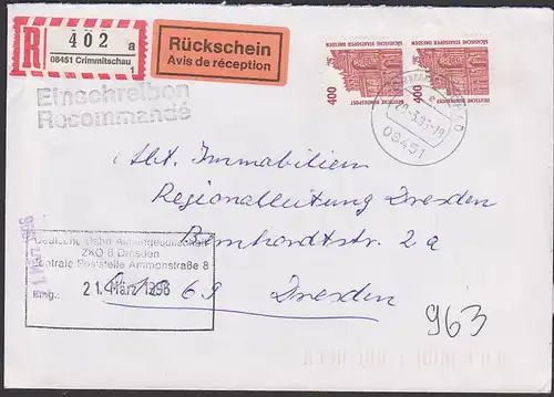 Saxonie Dresden Semperoper Staatsoper BRD 400(2) Pf R-Brief Rückschein Mi. 1562  Bedarfsverwendung