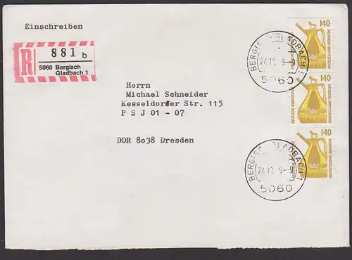 Bronzekanne Reinheim BRD 140 Pf(3) R-Brief aus Bergisch-Gladbach