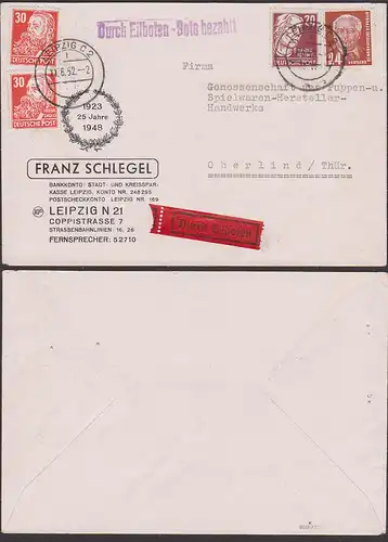 Leipzig Eilbrief 2. Gewichtsstufe nach Oberlind vom 11.6.52, Umschlag Franz Schlegel 25 Jahre, rs. Marken gepr. Gerhard