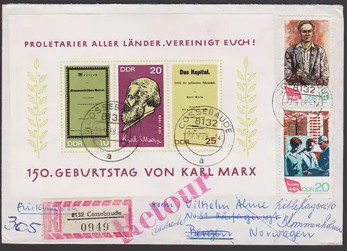 Karl Marx "Proletarier aller Länder, vereinigt Euch!" Block 27 Manifest portogenau Cossebaude nach Norwegen mit retour