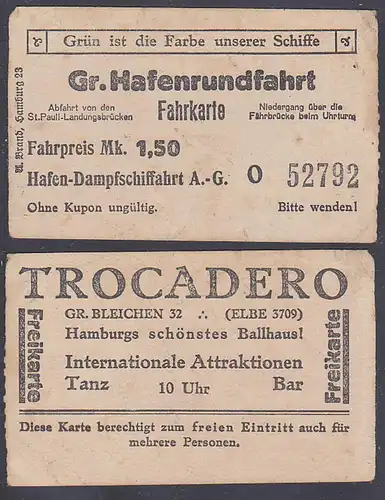 Hamburg Große Hafenrundfahrt Fahrkarte Dampfschffahrt A.G. Trocadero Tanz Freikarte