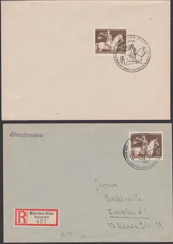 München Riem R-Zettel vom Rennplatz Braunes Band 1943 Mi. 854 Jagdreiter, RBf rs. Eingangsstempel, zwei Briefe
