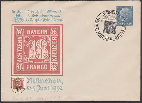 Germany 1939 4 Pf Hindenburg GAU München Hauptstadt der Bewegung, Bayern 18 Kreuzer