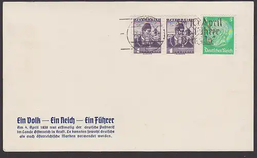 Wien Karte mit Anlasseindruck "Am 4. April 1938 trat erstmals der deutsche Posttarif im Lande ..." Ein Volk - ein Reich