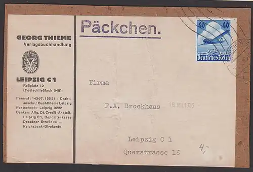 Leipzig Päckchen-Adresse mit 40 Pf Henkel-Flugzeug He 70 Blitz der Lufthansa MWSt. 17.1.36, DR 603
