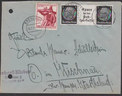 Breslau Brief 1944 mit  Zdr. 1 Pf Hindenburg "Spare bei der Postsparkasse!"