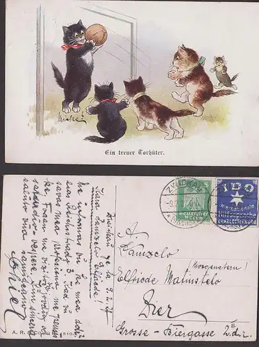 Vignette IDO Internationale Hilfssprache Charlottenburg 1927, Ak Katzen cats Fußball Torhüter Zwickau