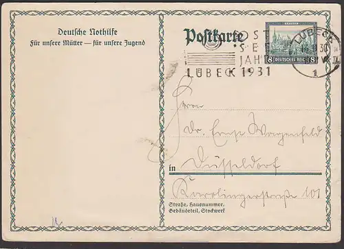 Lübeck MWSt. Ostseejahr 1931 auf Nothilfe-Ganszache Aachen