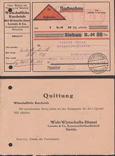 Germany Nachnahme aus Stettin  nach Brüderwiese DEUTSCHNEUDORF mit PSF 13 Pf.  1926, rs. Quittung