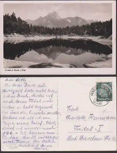 Urisee bei Reutre in Tirol, Fotokarte 1939 mit Bahnpoststempel Innsbruck - Re...