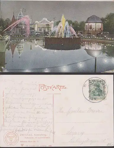 Zwickau Ausstellung 1906 mit Sonderstempel Ausstellungsplatz, offizielle Karte Ilumination mit Leuchtfontaine