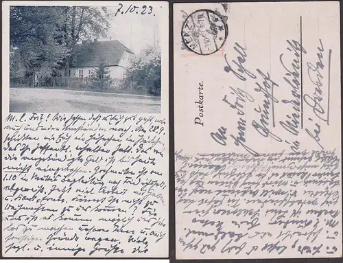 Menz, Stechlin Karte vom 7.10.23 Inflation mit handschriftlichem Vermerk, Abb. wahrscheidlich des Kichengebäudes Pfarre