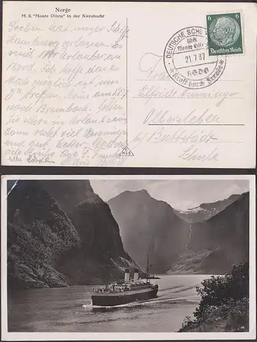 Norge M. S. Monte Olivia in der Nerobucht, Fotokarte Deutsche Schiffspost "Kraft durch Freude" 1937