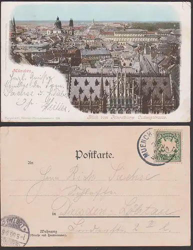 Munich München 1900, Blick vom Ludwigsthurm Ludwigstrasse, Kte ro. min. Riss