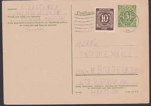 Heidelberg 1946 5 Pf. Aushilfs-GA mit Zusatzfrankatur nach Boxberg Baden