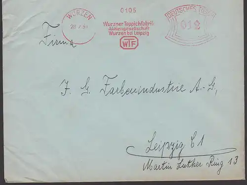 WURZEN Germany Deutsches Reich AFS 1934, Teppichfabrik WTF 1934 nach Leipzig Farbenindustrie