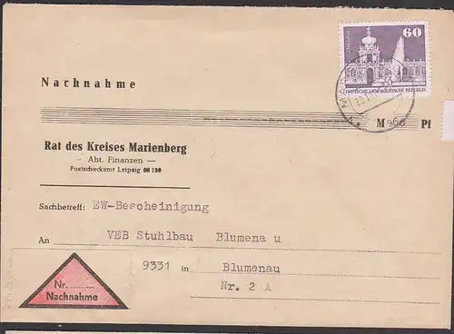 Dresden 60 Pf Zinger Kronentor als Einzelfrankatur Nachnahme-Brief aus Marienberg Rat des Kreises