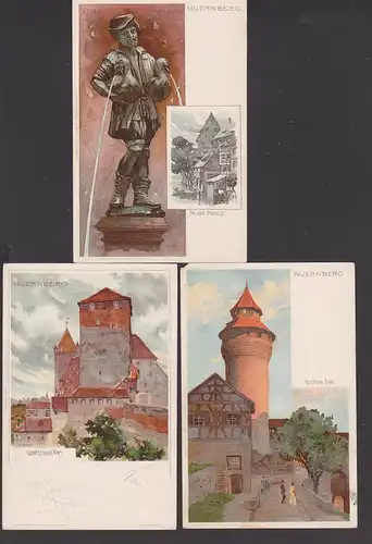 Nürnberg Vestener Turm. Bratwurstglöcklein, Burg, Ganse Maennchen An der Pegnitz, Steindruck unbeschrieben