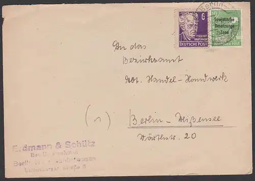 Berlin-Hohenschönhausen Ortsbrief 1948 Köpfe I und SBZ-Aufdruck, portogenau, an Behörde, 6 Pf. verzähnt