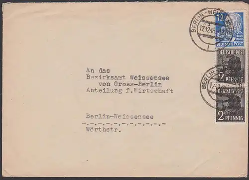 Berlin-Weissensee Ortsbrief 1948 Köpfe I und SBZ-Aufdruck, portogenau, an Behörde, portogenau